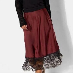Satin Lace-Hem Midi Skirt in Burgundy